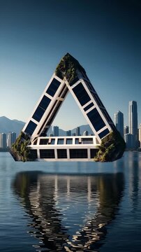 Impossible Triangle Green Building Rotating Over Water in City