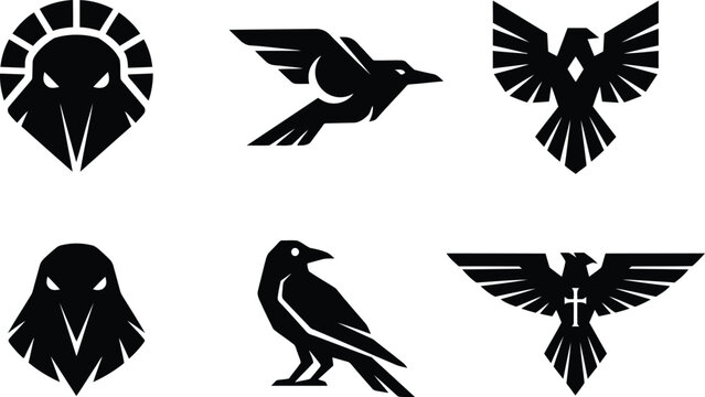 Dark black raven crow eagle bird logo icon art set