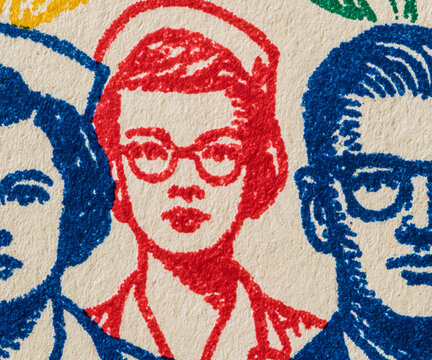 closeup of multicolor lithographic printing on old paper: medical professional(s)