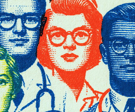 closeup of multicolor lithographic printing on old paper: medical professional(s)