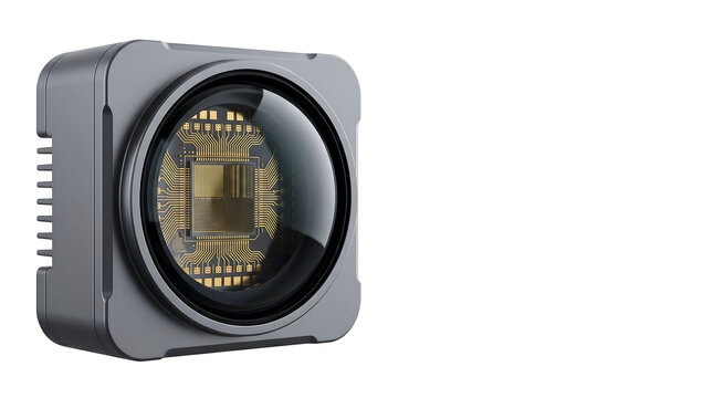 Advanced industrial digital camera sensor or computer vision microchip matrix unit inside metallic housing isolated on white background.