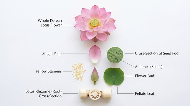 Botanical flat lay deconstruction of a lotus flower on white background