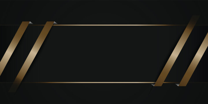 Premium dark black background with elegant golden diagonal ribbon stripes and gold frame border lines. Luxury minimalist template with 3d shadow effect for business banner, invitation card