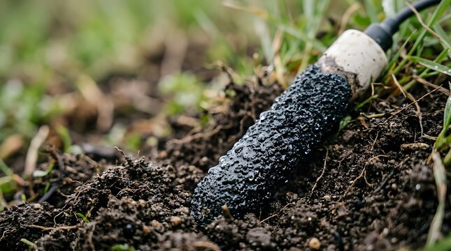 Closeup of soil moisture probe with electrode in green grassy terrain outdoors