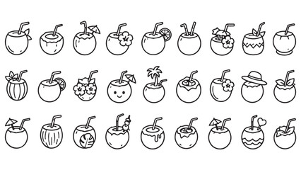 Obraz premium Coconut tropical drink line icon set. Coconut cup, straw, cocktail, palm fruit, island beverage outline vector illustrations on white background. Signs for vacation drinks.