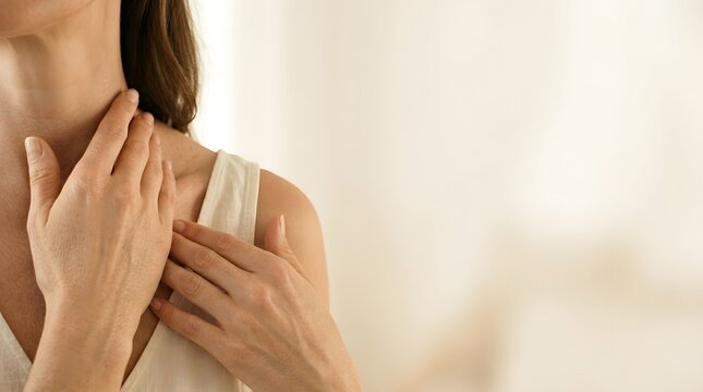 Woman touching neck with both hands closeup. Thyroid gland check up. Thyroid disease.