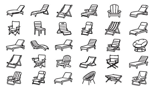 Beach chair lounge chair line icon set. Sun lounger, deck chair, seaside seat, resort relaxation outline vector illustrations on white background. Signs for beach vacation.