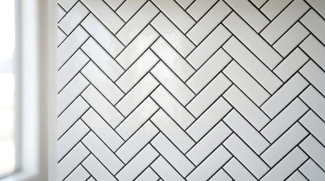 White ceramic tiles arranged in a classic herringbone pattern with dark grout.