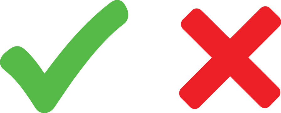 Green check mark and red cross sign icons for true or false choice and survey validation