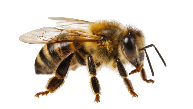 Detailed honey bee with fuzzy body and striped abdomen, isolated on transparent background