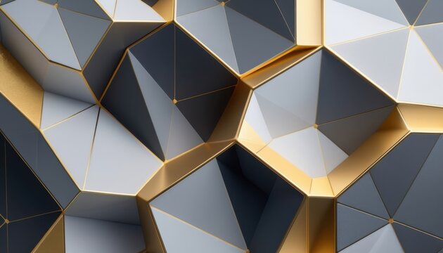 Gold edged grey polyhedral panels connected on neutral surface