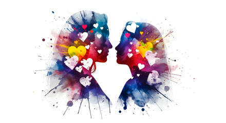 Obraz premium Abstract watercolor silhouette profiles of a loving couple face to face with hearts, profiles