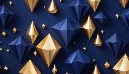 Obraz premium Scattered gold and navy gemlike pyramids against dark backdrop