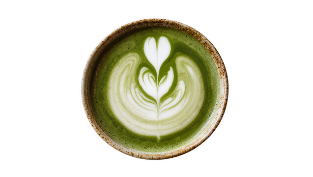 Green matcha latte with foamy heart art in rustic ceramic bowl, isolated on transparent background