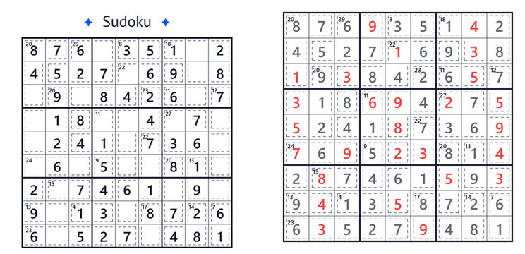 Easy killer sudoku puzzle with cage sums and answer key