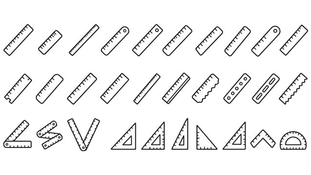 Geometry tools line icon set. Rulers, triangles, protractors, measuring instruments outline vector illustrations. Symbols for school math on white background.