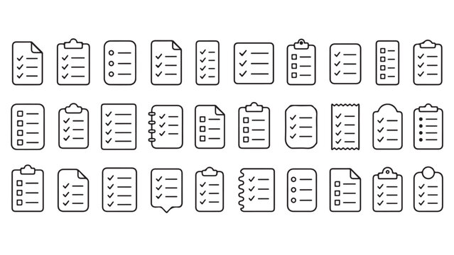 Checklist line icon set. Task lists, clipboard forms, survey sheets, to do documents outline vector illustrations. Symbols for productivity on white background.
