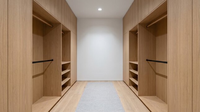 Minimalist walk-in closet with white oak cabinetry, single hanging rod, three empty shelves, no clothing visible, matte white walls, light gray wool rug runner, soft overhead directional light