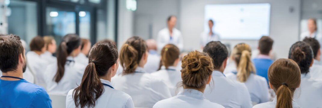 Healthcare team in white coats attending hospital training seminar and presentation, doctors and nurses in clinical classroom
