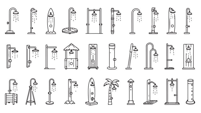 Beach showers line icon set. Outdoor showers, shower heads, changing area fixtures, pool rinse stations outline vector illustrations. Signs on white background.