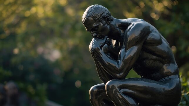 The thinker bronze statue in contemplation outdoors