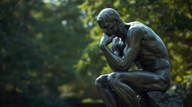 The thinker bronze statue in a serene outdoor setting