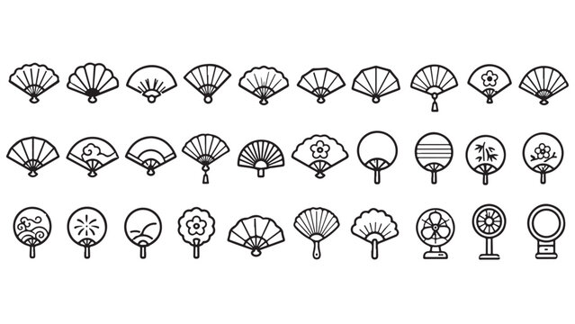 Folding fans line icon set. Hand fans, paper fans, oriental fans, decorative cooling accessories outline vector illustrations. Symbols on white background.