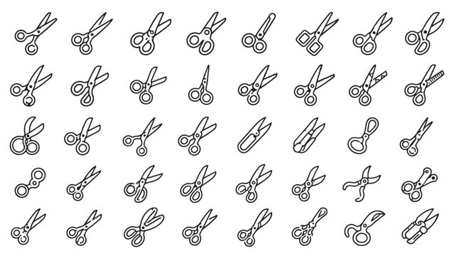 Scissors line icon set. Cutting tools, craft scissors, barber shears, sewing snips outline vector illustrations. Symbols for school supplies on white background.