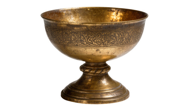 Antique ornate brass chalice with detailed engravings, isolated on transparent background