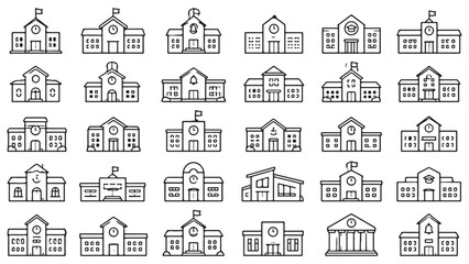 Fototapeta premium School buildings line icon set. Campus, academy, university, classroom building outline vector illustrations. Symbols for education on white background.
