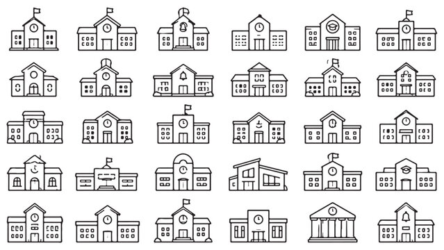 School buildings line icon set. Campus, academy, university, classroom building outline vector illustrations. Symbols for education on white background.