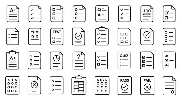Exam papers line icon set. Quiz sheet, checklist, grade test, answer form outline vector illustrations. Symbols for education on white background.