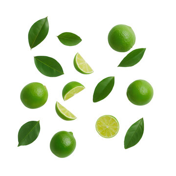 Fresh limes and leaves on transparent background