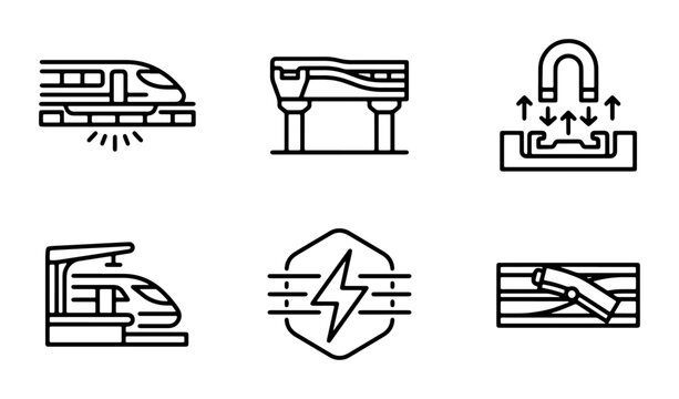 Modern Maglev Train Icons, High-Speed Rail Technology, Magnetic Levitation Transport Vector Set