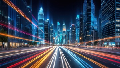Obraz premium Urban skyline with long exposure light trails on night roadway
