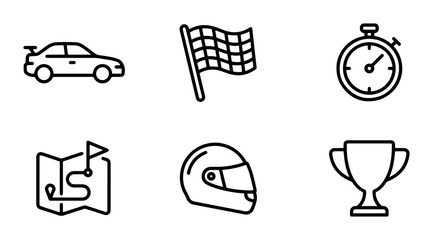 Obraz premium Racing Icons Set: Car, Checkered Flag, Stopwatch, Map, Helmet, Trophy, Vector Graphics for Speed and Competition