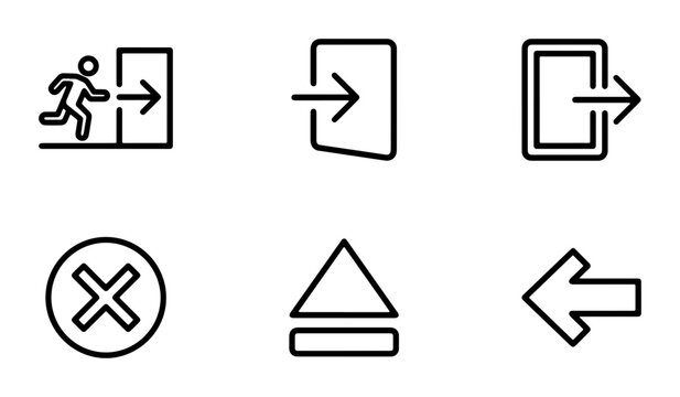 Set of 6 minimalist outline icons: exit, enter, login, logout, close, eject, left arrow, navigation symbols
