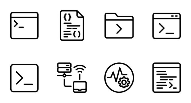 Set of 8 Minimalist Coding and Technology Icons, Command Line Interface and Server Icons, Vector Graphics