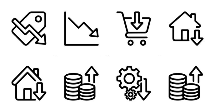 Financial Icons Set: Price Tag Down, Graph Decline, Shopping Cart, House Down, Coins Up, Gears Down, Coins Up