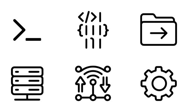 Technology Icons Set: Command Line, Code, Folder, Server, Network, Gear. Vector Graphics for Digital Concepts.