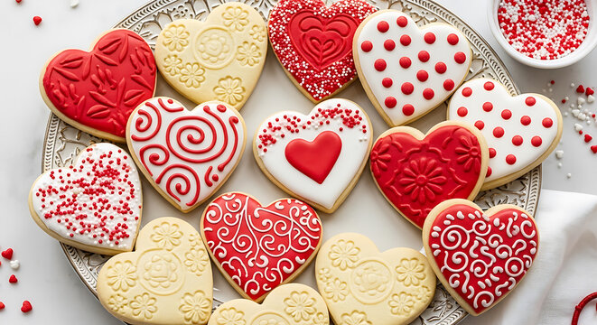 Colorful heart shaped cookies with sprinkles and icing for valentine's day