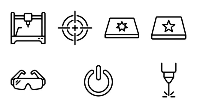 Laser Engraving Icons Set: CNC Machine, Target, Power Button, Safety Glasses, Laser Cutter, Engraving Plates
