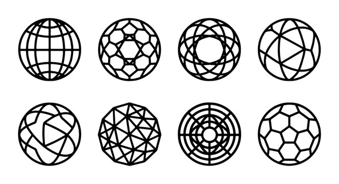 Geometric Sphere Icons Set, Abstract Globe Shapes, Modern Network Orbs, Digital World Graphics, Vector Elements