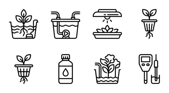 Hydroponic System Icons: Growing Plants Without Soil, Indoor Farming Equipment, Nutrient Solution Bottle, pH Meter