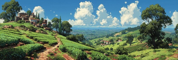Panoramic artistic painting of lush green fields and vineyards on a hillside overlooking a valley with a small village under a cloudy sky © Sergey