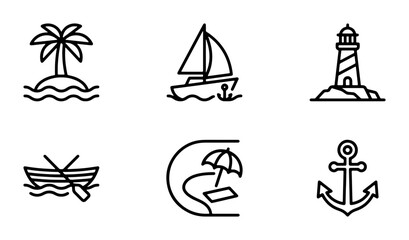 Nautical Icons Set: Tropical Island, Sailboat, Lighthouse, Rowboat, Beach, Anchor, Vector Graphics for Maritime and Travel Themes © Saif