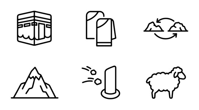 Islamic Pilgrimage Icons: Kaaba, Ihram, Safa Marwa, Mount Arafat, Jamarat, Sheep Vector Set