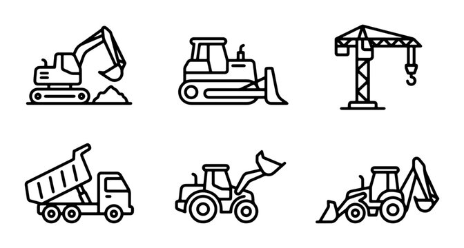 Construction Equipment Icons Set: Excavator, Bulldozer, Crane, Dump Truck, Loader, Backhoe Vector Graphics for Industry and Building Projects