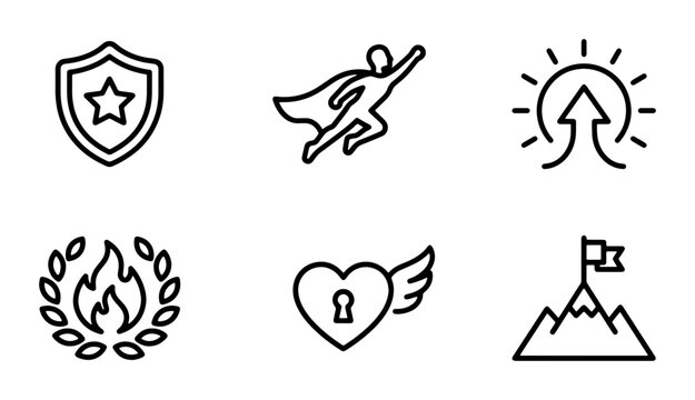 Heroic Achievement Icons: Shield, Superhero, Growth, Laurel Wreath, Love, Mountain Summit Success