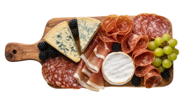 Gourmet charcuterie board with blue cheese salami prosciutto brie grapes and berries, isolated on transparent background